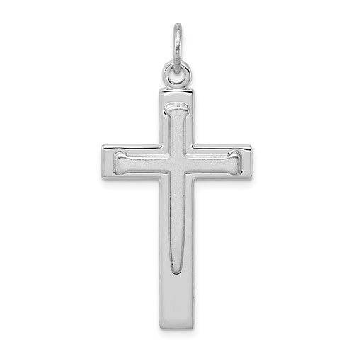 Sterling Silver Platinum-plated Satin & Polished Cross Pendant