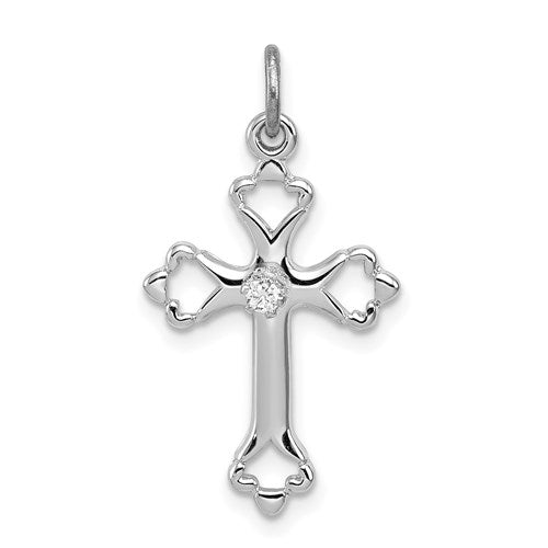 Sterling Silver Platinum-plated Budded Cross w/CZ Charm