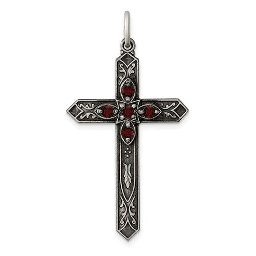 Sterling Silver Antiqued January Glass Birthstone Cross Pendant
