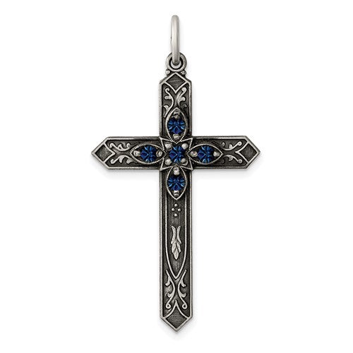 Sterling Silver Antiqued September Glass Birthstone Cross Pendant