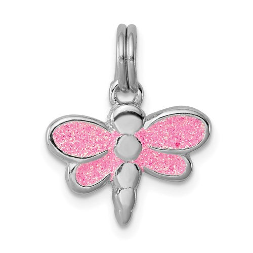 Sterling Silver Rhodium-platedGlitter Enamel Dragonfly Charm