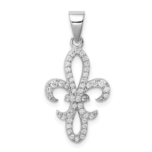 Sterling Silver Rhodium-plated CZ Fleur De Lis Pendant