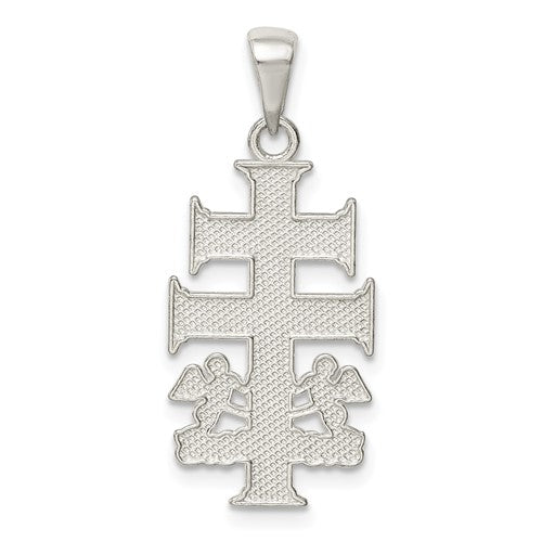 Sterling Silver Polished Caravaca Double Cross w/Angels Crucifix Pendant
