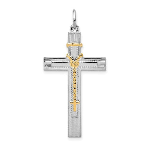 Sterling Silver Platinum-plated & Gold-tone Rosary on Cross Pendant