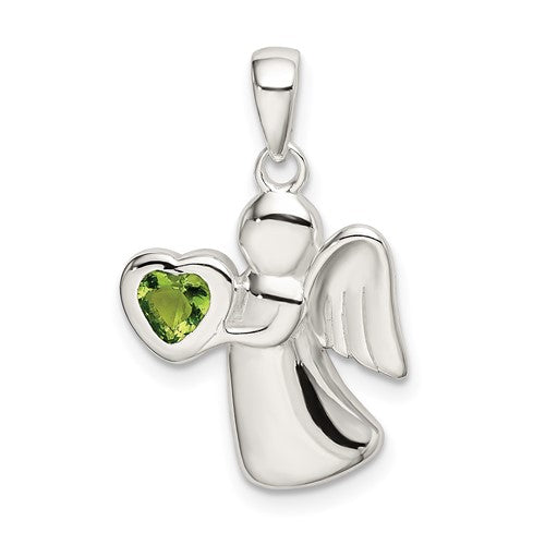 Sterling Silver Angel w/Light Green CZ Heart Pendant