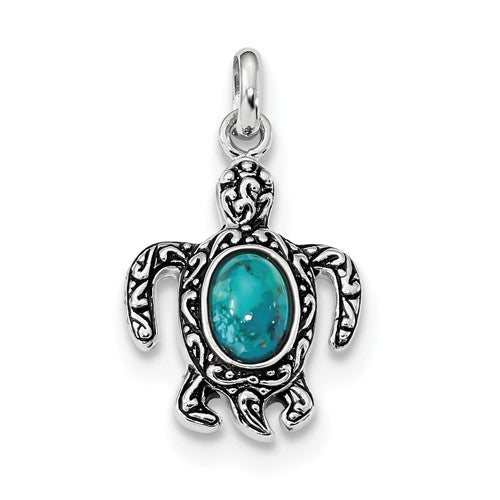 Sterling Silver Rh-plated Antiqued Reconstituted Turquoise Turtle Pendant