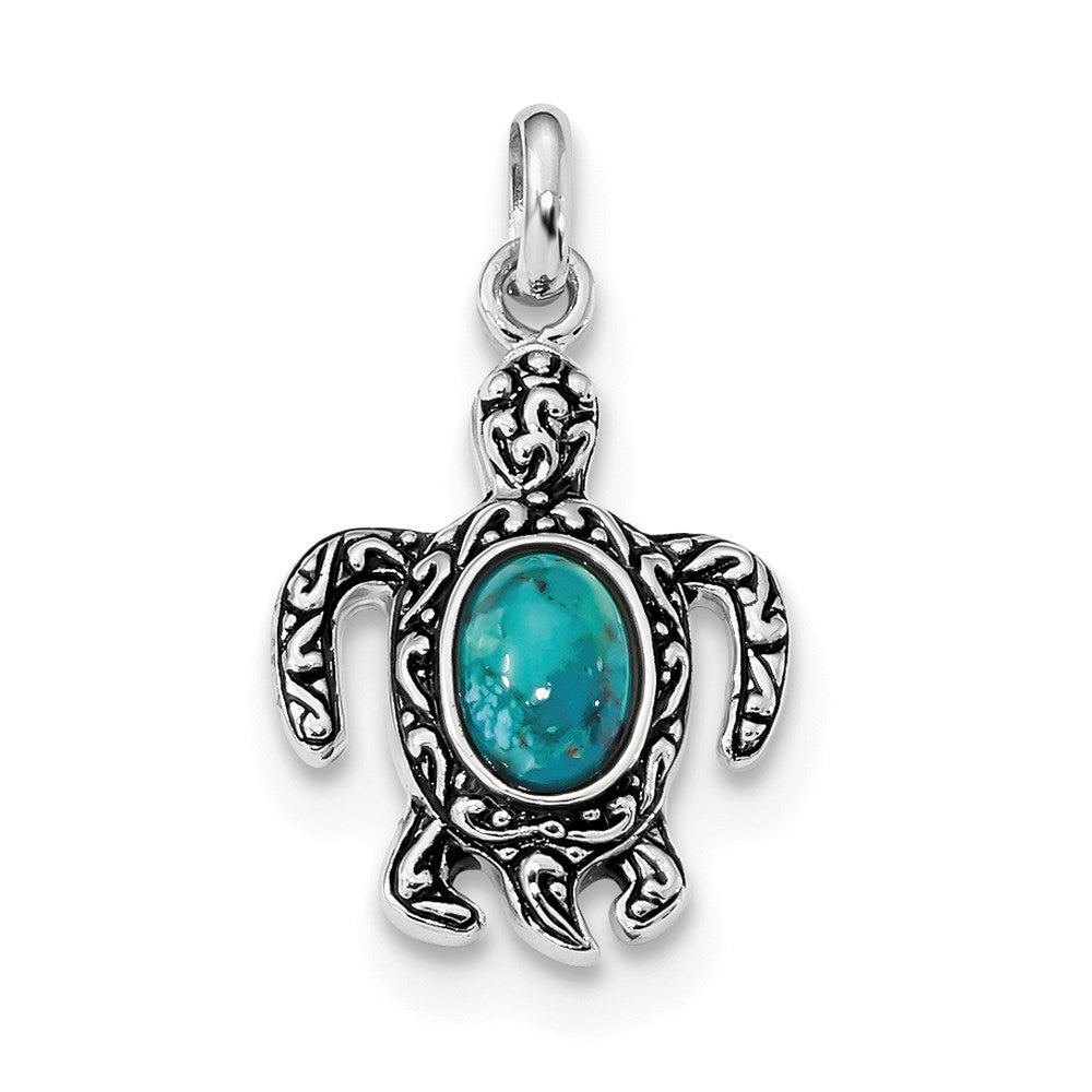 Sterling Silver Rh-plated Antiqued Reconstituted Turquoise Turtle Pendant
