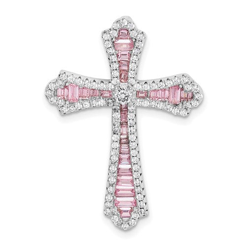 Sterling Silver Rhodium Plated Pink and White CZ Cross Slide Pendant