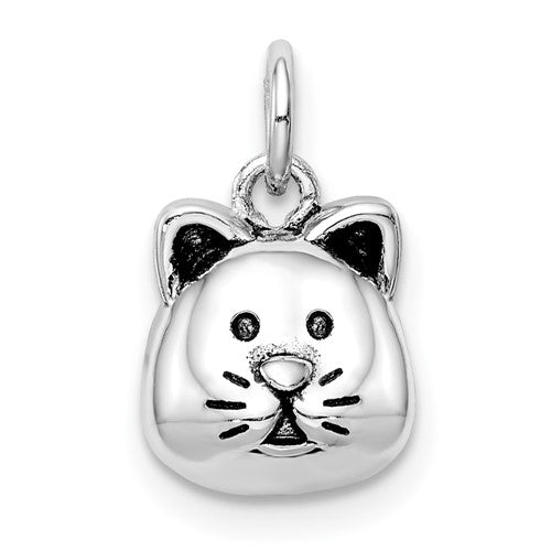 Sterling Silver Rhodium-plated Antiqued Cat Head Pendant