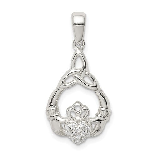 Sterling Silver Polished CZ Claddagh w/Trinity Knot Pendant