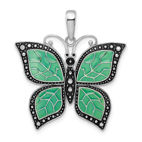 Sterling Silver Rhod-plated Polished Enameled Aqua Butterfly Pendant