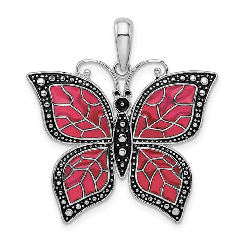 Sterling Silver Rhod-plated Polished Enameled Fuchsia Butterfly Pendant