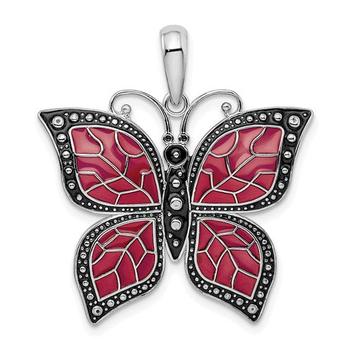 Sterling Silver Rhod-plated Polished Enameled Purple Butterfly Pendant