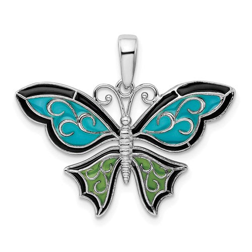 Sterling Silver Rhod-plated Polished Enameled Aqua Butterfly Pendant