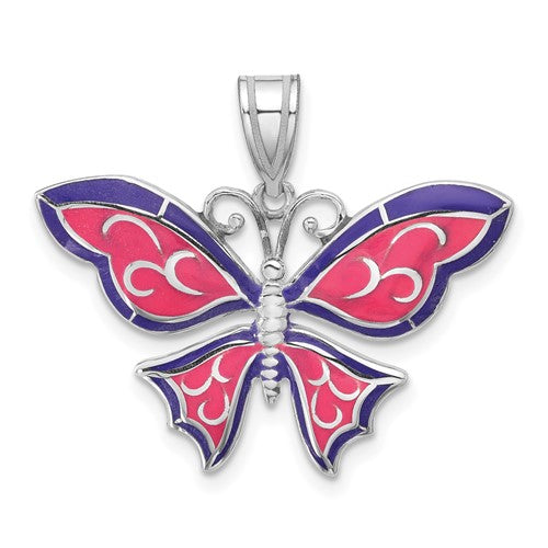 Sterling Silver Rhod-plated Polished Enameled Purple Butterfly Pendant
