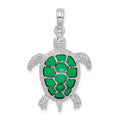 Sterling Silver Rhod-plated Polished Enameled Green Sea Turtle Pendant