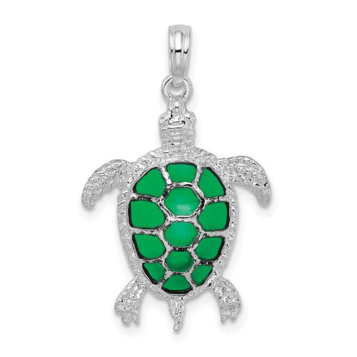 Sterling Silver Rhod-plated Polished Enameled Green Sea Turtle Pendant