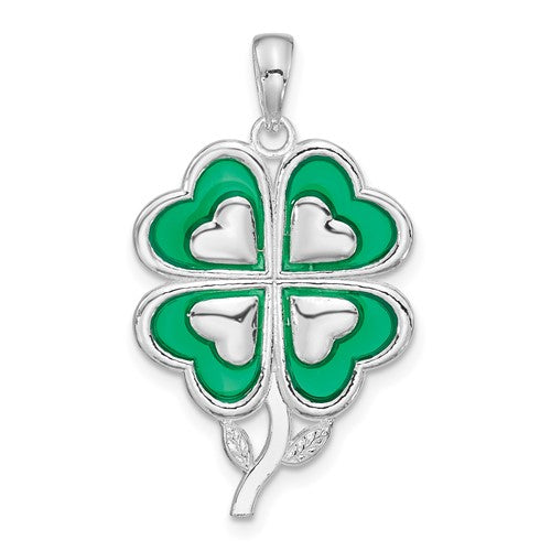 Sterling Silver Rhodium-plated Polished Enameled 4-Leaf Clover Pendant