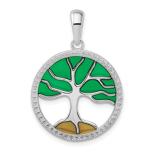 Sterling Silver Rhodium-plated Polished Enameled Tree of Life Pendant