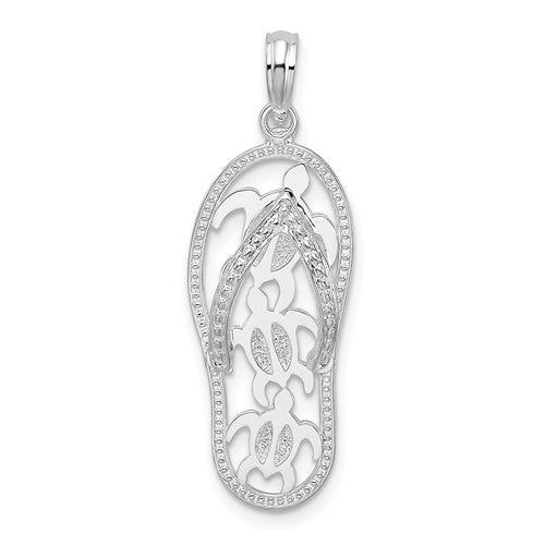 Sterling Silver Rhodium-plated 3D Cut-out Turtles Flip-flop Pendant