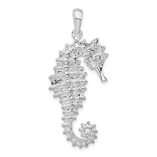 Sterling Silver Rhodium-plated Polished Textured 3D Seahorse Pendant