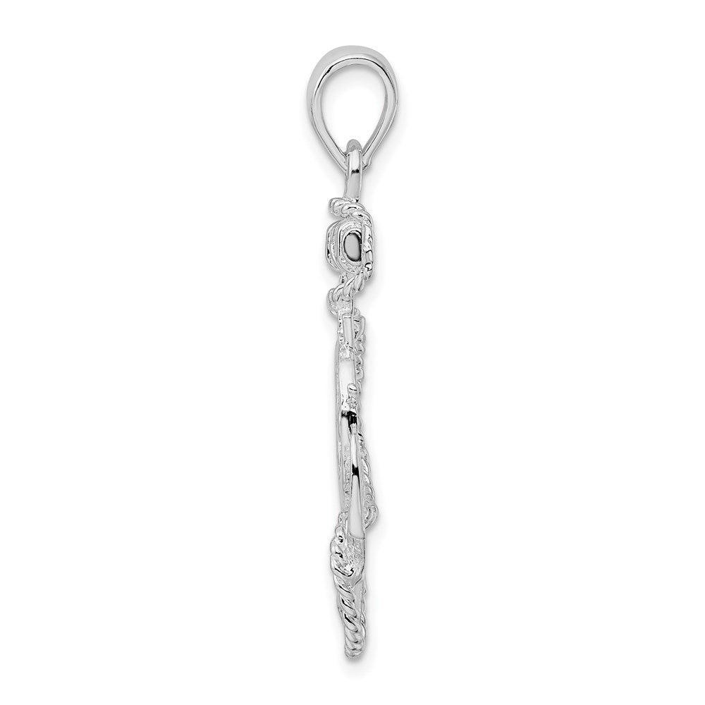 Sterling Silver Rhodium-plated Polished Anchor w/Ships Wheel Pendant