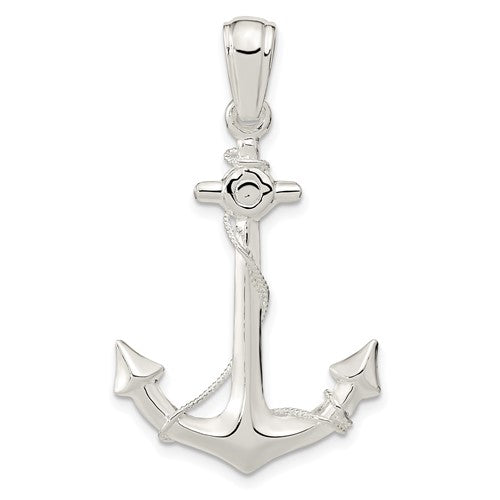 Sterling Silver Rhodium-plated Polished 3D Anchor w/Rope Pendant