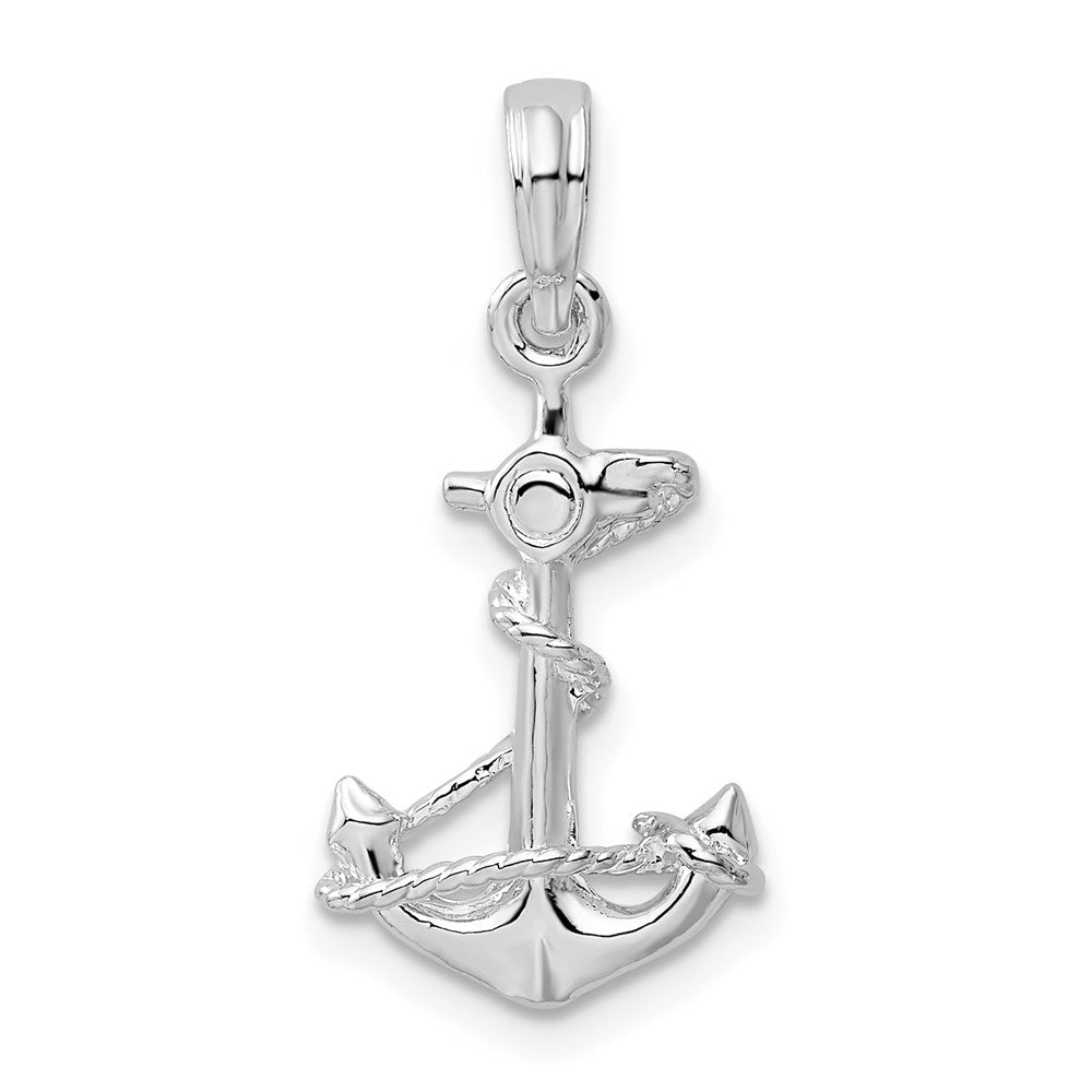 Sterling Silver Rhodium-plated Polished 3D Anchor w/Rope Pendant