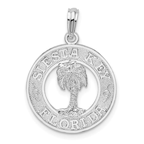 Sterling Silver Rhod-plated Textured Siesta Key,FL w/Palm Tree Pendant