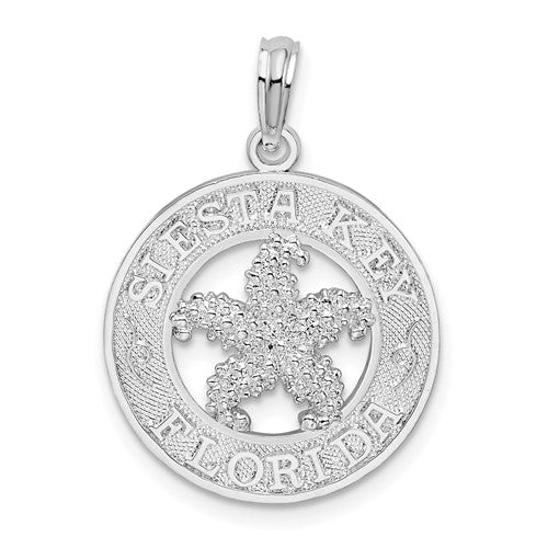 Sterling Silver Rhodium-plated Textured Siesta Key,FL w/Starfish Pendant