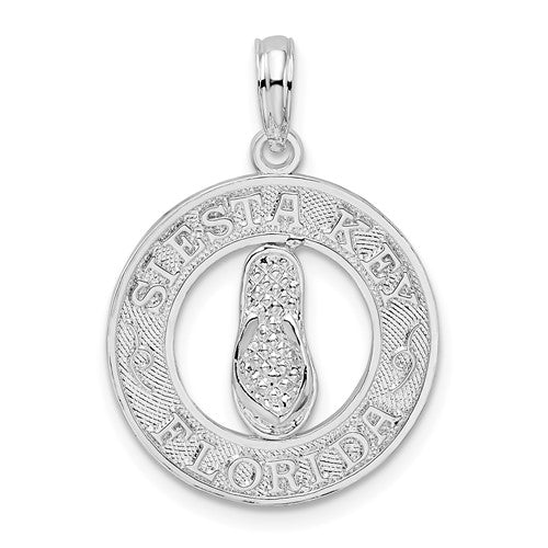 Sterling Silver Rhodium-plated Textured Siesta Key,FL w/Flip-flop Pendant