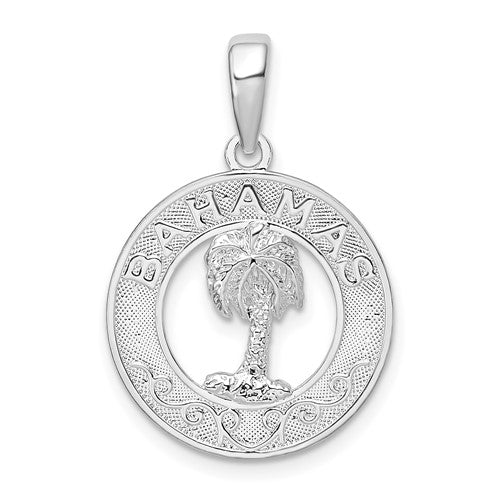 Sterling Silver Rhodium-plated Textured Bahamas w/Palm Tree Pendant