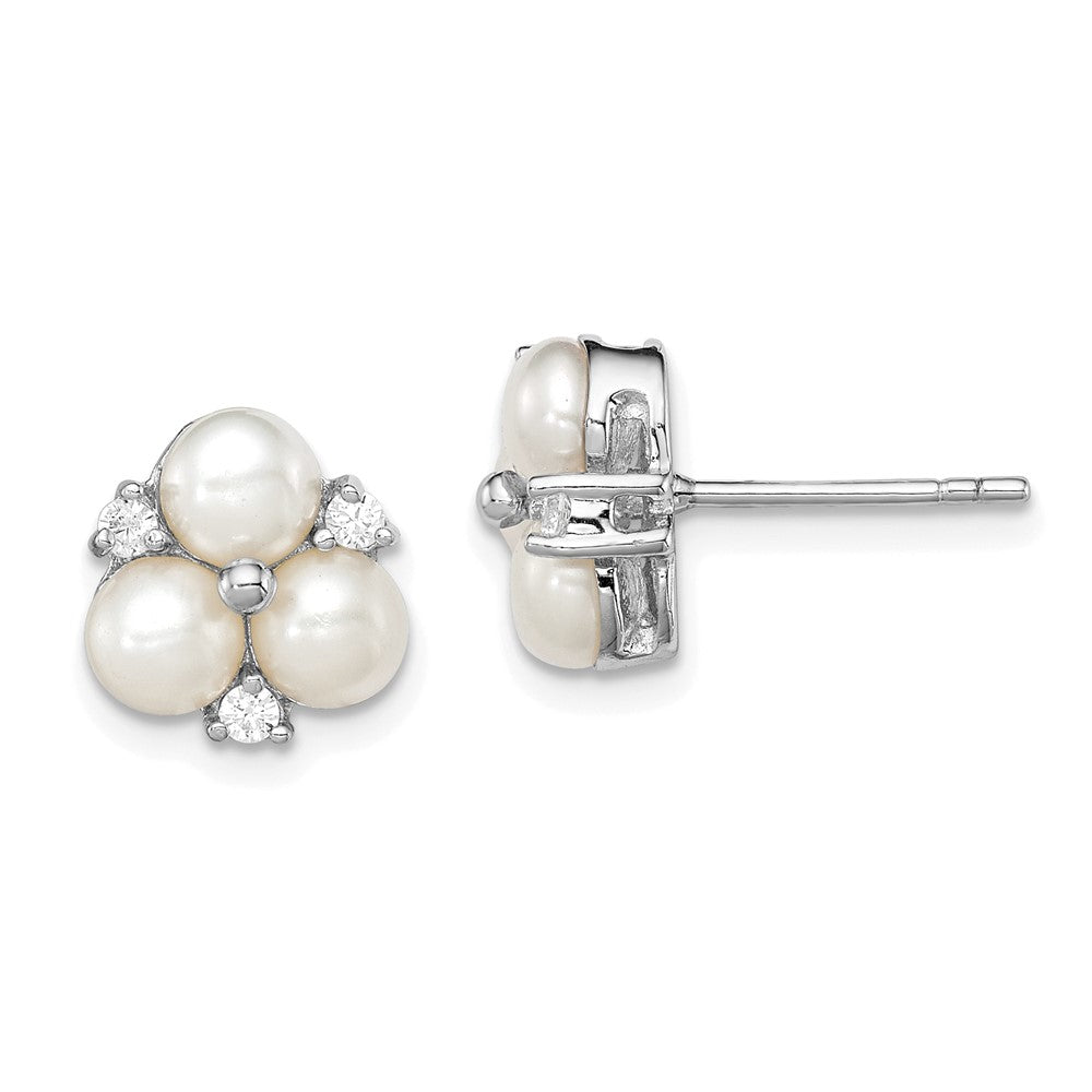 Sterling Silver RH 5-6mm White FW Cultured 3-Pearl CZ Post Earrings