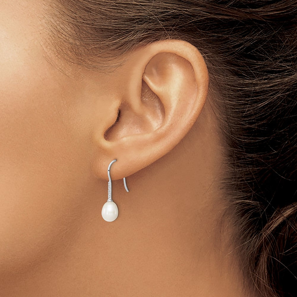 Sterling Silver Rhodium-plated 7-8mm White FWC Pearl CZ Dangle Earrings