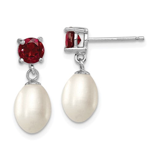 Sterling Silver RH Garnet 7-8mm FW Cultured Pearl Teardrop Earrings