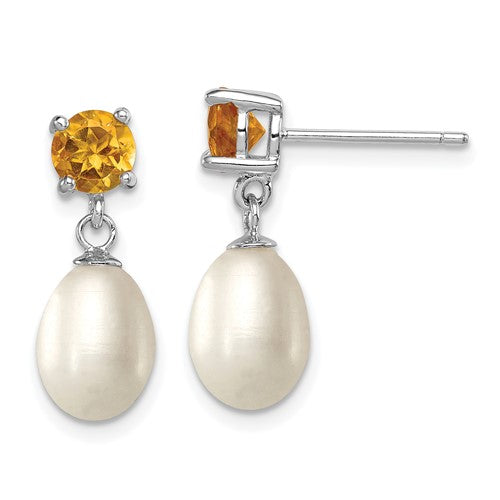 Sterling Silver RH Citrine 7-8mm FW Cultured Pearl Teardrop Earrings