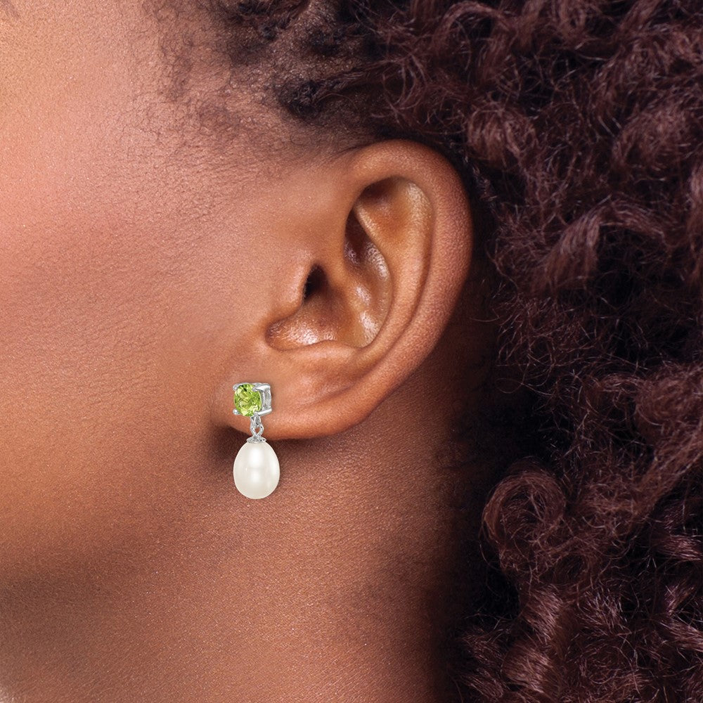 Sterling Silver RH Peridot 7-8mm FW Cultured Pearl Teardrop Earrings