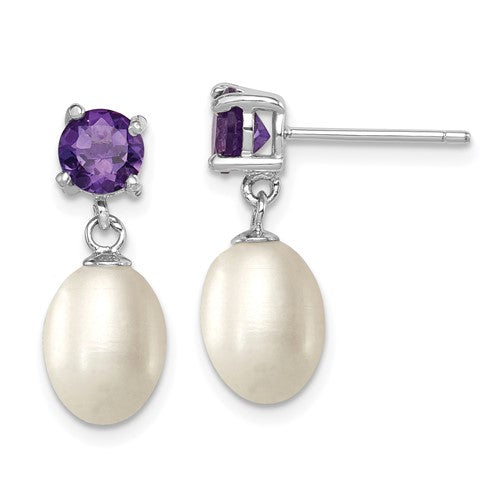 Sterling Silver RH Amethyst 7-8mm FW Cult Pearl Teardrop Earrings