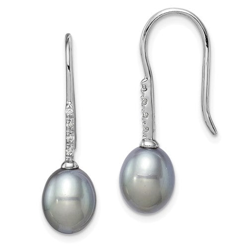 Sterling Silver RH-plated 7-8mm Grey FWC Pearl & CZ Dangle Earrings