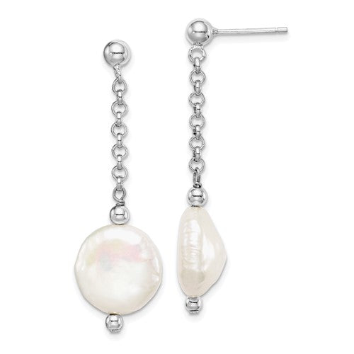 Sterling Silver Rhod-plated 12-13 Coin FWC Pearl Dangle Earrings