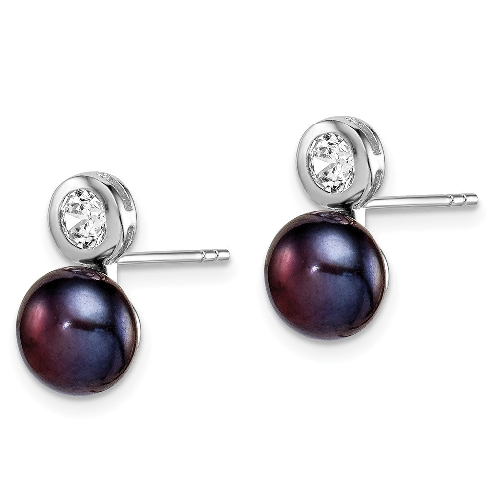 Sterling Silver RH-plated 7-8mm Black FWC Button Pearl & CZ Post Earrings