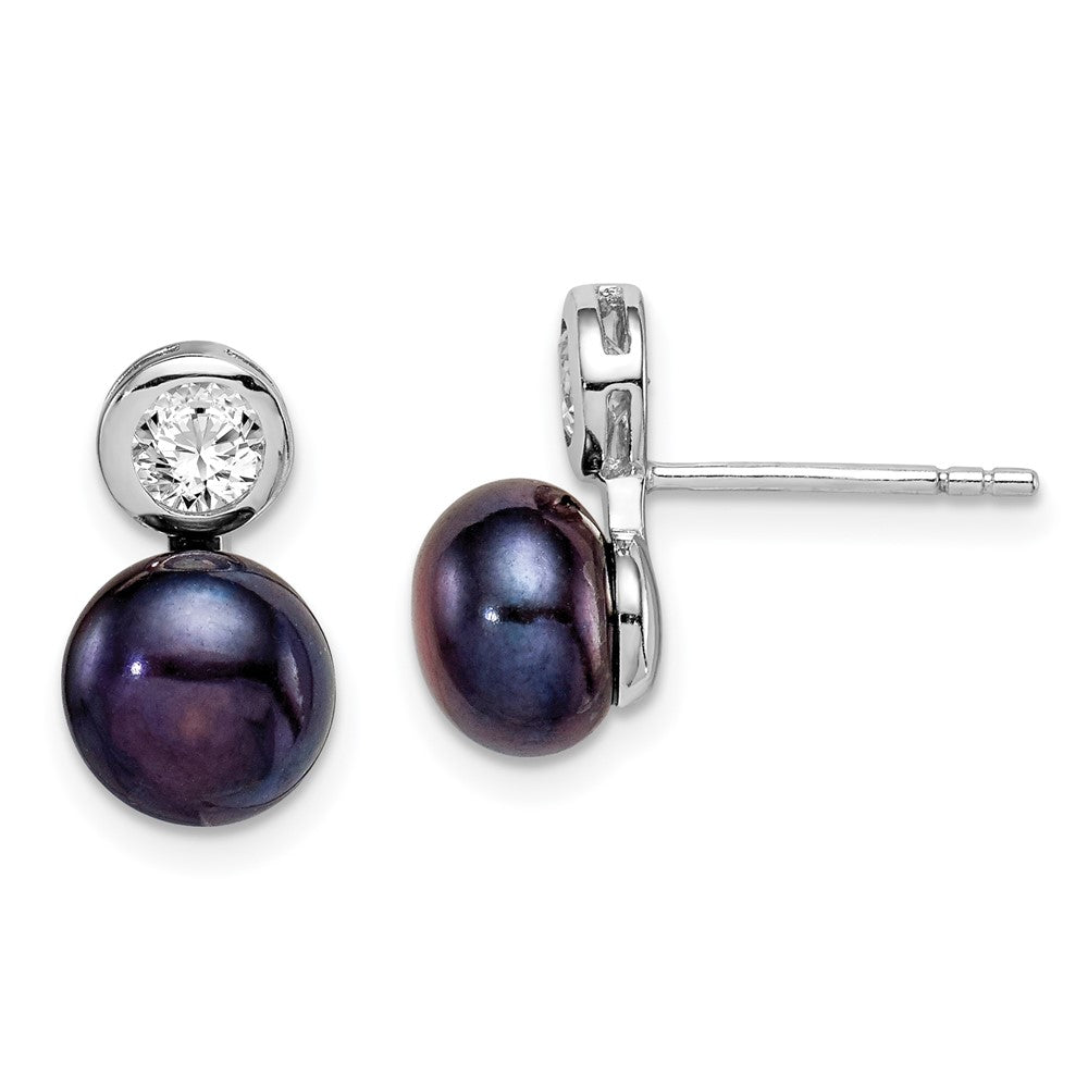 Sterling Silver RH-plated 7-8mm Black FWC Button Pearl & CZ Post Earrings