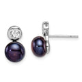 Sterling Silver RH-plated 7-8mm Black FWC Button Pearl & CZ Post Earrings