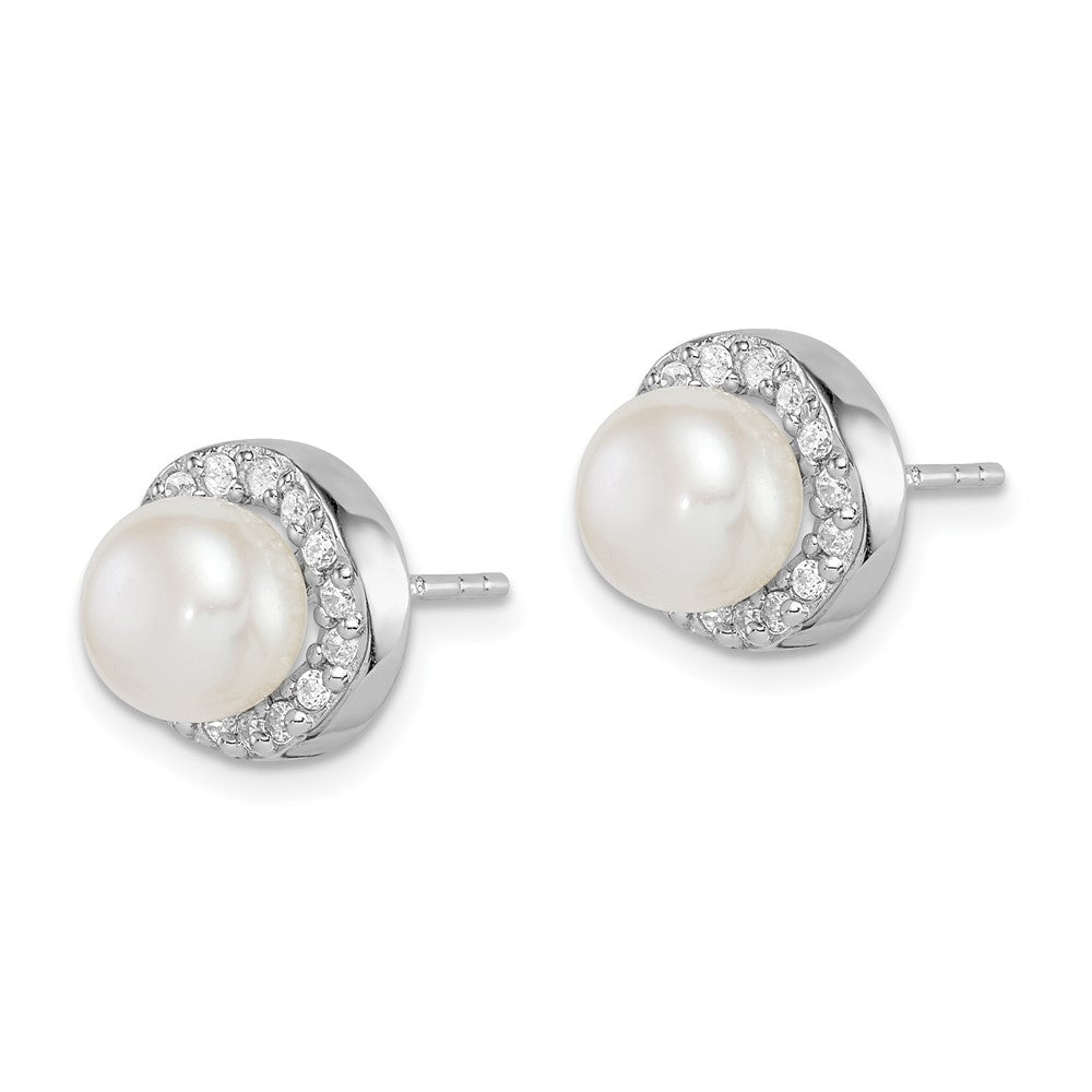 Sterling Silver Rhod-plat 7-8mm White Button FWC Pearl CZ Earrings