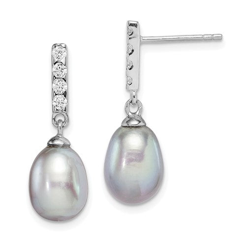 Sterling Silver RH-plated 8-9mm Grey FWC Pearl & CZ Post Dangle Earrings