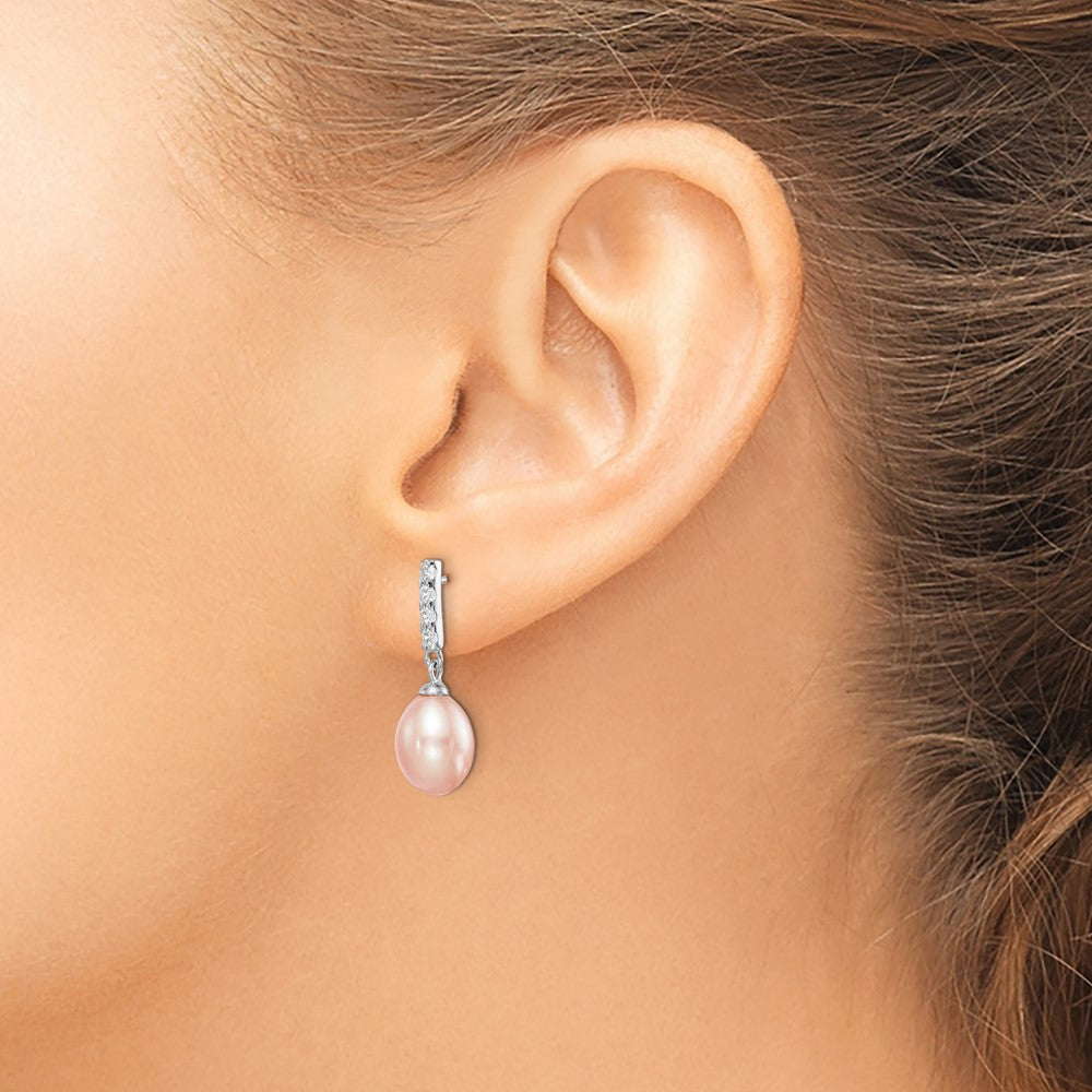 Sterling Silver RH-plated 8-9mm Pink FWC Pearl CZ Post Dangle Earrings