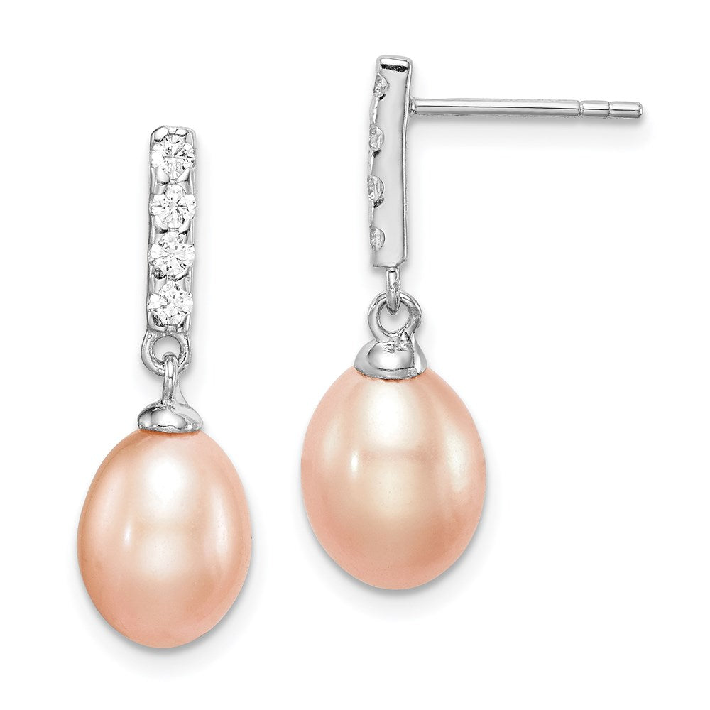 Sterling Silver RH-plated 8-9mm Pink FWC Pearl CZ Post Dangle Earrings