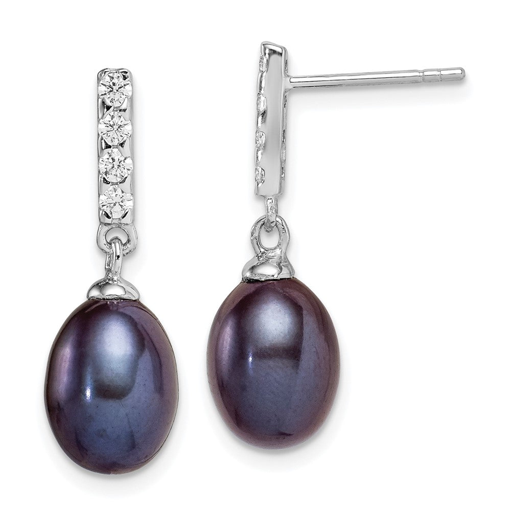Sterling Silver RH-plated 8-9mm Black FWC Pearl & CZ Post Dangle Earrings