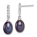 Sterling Silver RH-plated 8-9mm Black FWC Pearl & CZ Post Dangle Earrings