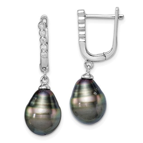 Sterling Silver Rhodium-plated 9-10mm Tahitian Pearl CZ Dangle Earrings